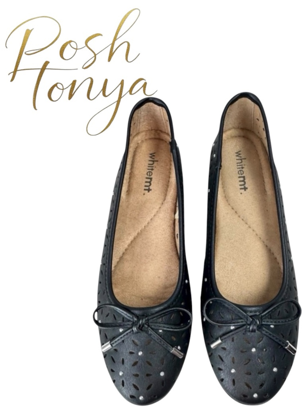 White Mountain Black Laser Cut Bow Ballet Flat Feminine Comfort Office Chic Sz 6